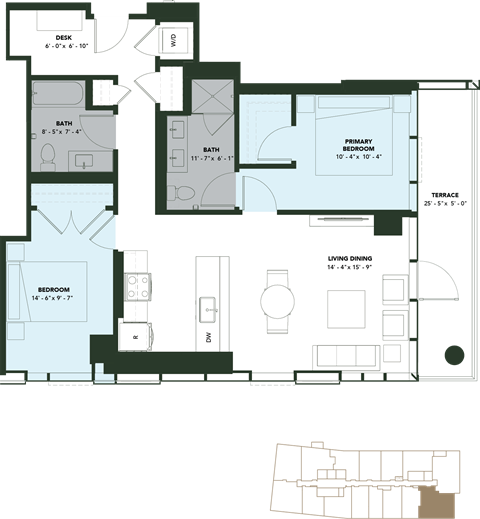Floor plan for 2 beds, 2 baths, 1060 sqft